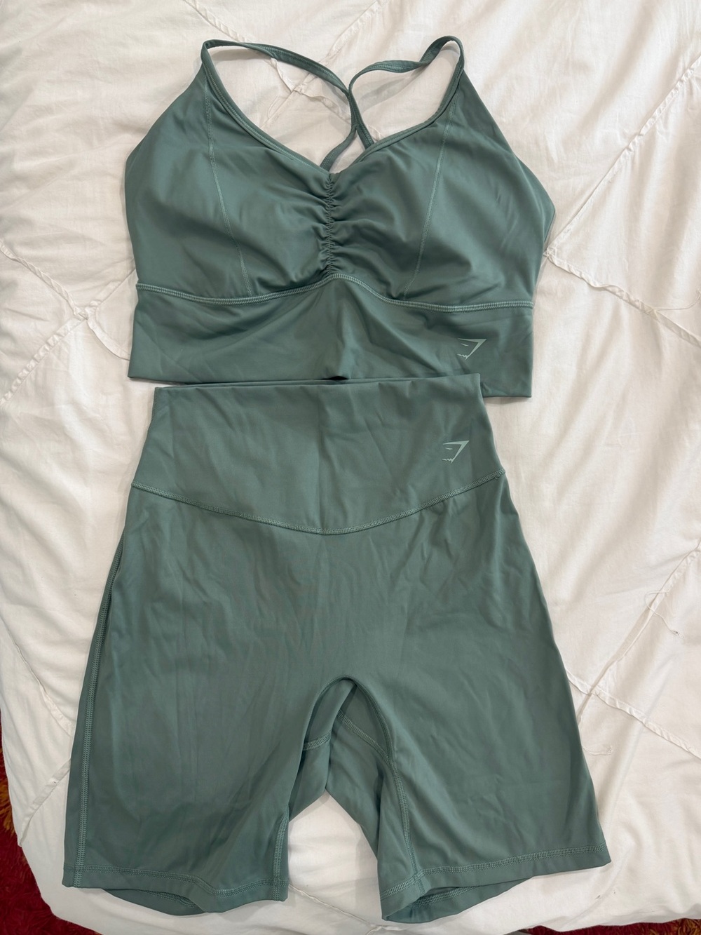 Gymshark Sage Green Ruched Sports Bra with High-Waist Bike Shorts